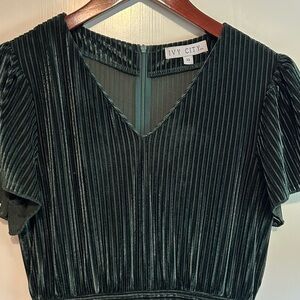 Ivy City Co Dark Green Velvet Pleated Jumpsuit